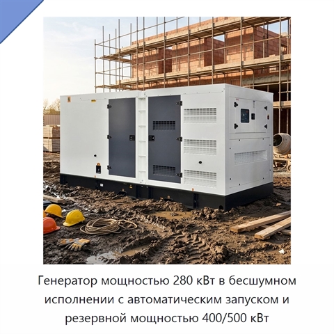 Генератор мощностью 280 кВт в бесшумном исполнении с автоматическим запуском и резервной мощностью 400/500 кВт