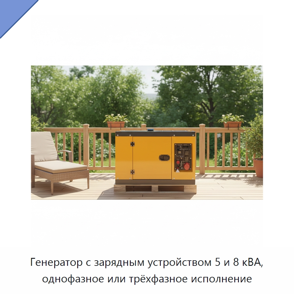 Генератор с зарядным устройством 5 и 8 кВА, однофазное или трёхфазное исполнение — Дизельные генераторы