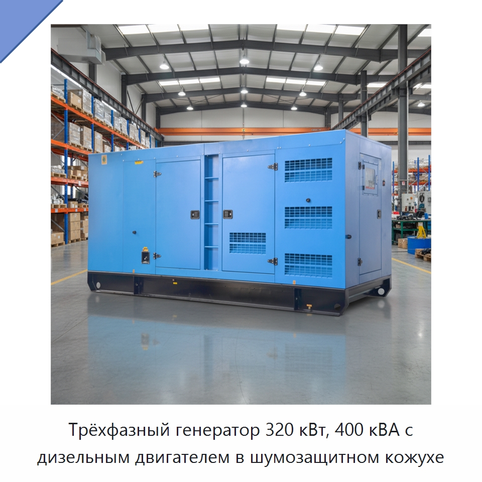 Трёхфазный генератор 320 кВт, 400 кВА с дизельным двигателем в шумозащитном кожухе — Дизельные генераторы