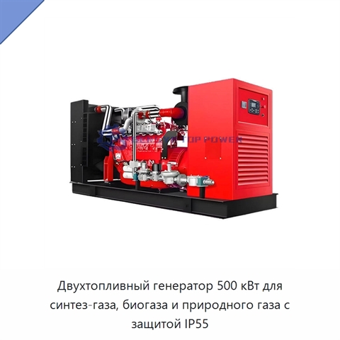 Двухтопливный генератор 500 кВт для синтез-газа, биогаза и природного газа с защитой IP55