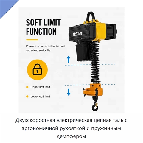 Двухскоростная электрическая цепная таль с эргономичной рукояткой и пружинным демпфером