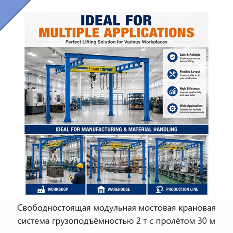 Свободностоящая модульная мостовая крановая система грузоподъёмностью 2 т с пролётом 30 м