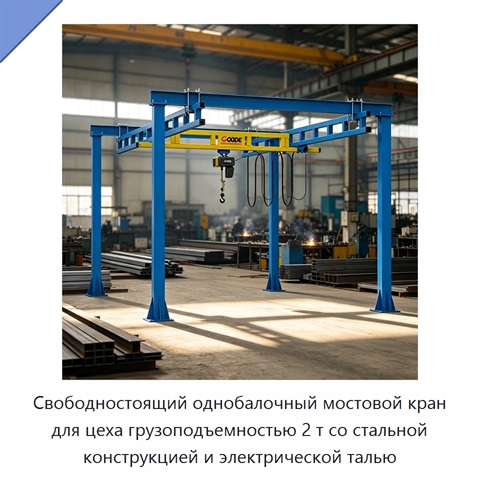Свободностоящий однобалочный мостовой кран для цеха грузоподъемностью 2 т со стальной конструкцией и электрической талью