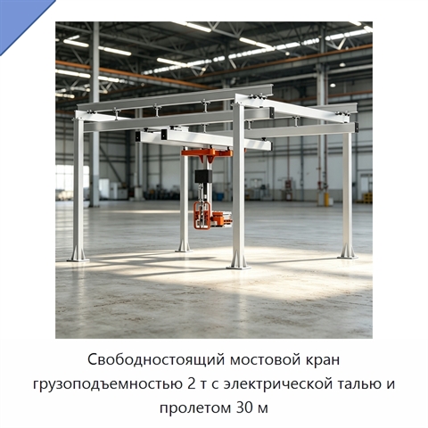 Свободностоящий мостовой кран грузоподъемностью 2 т с электрической талью и пролетом 30 м