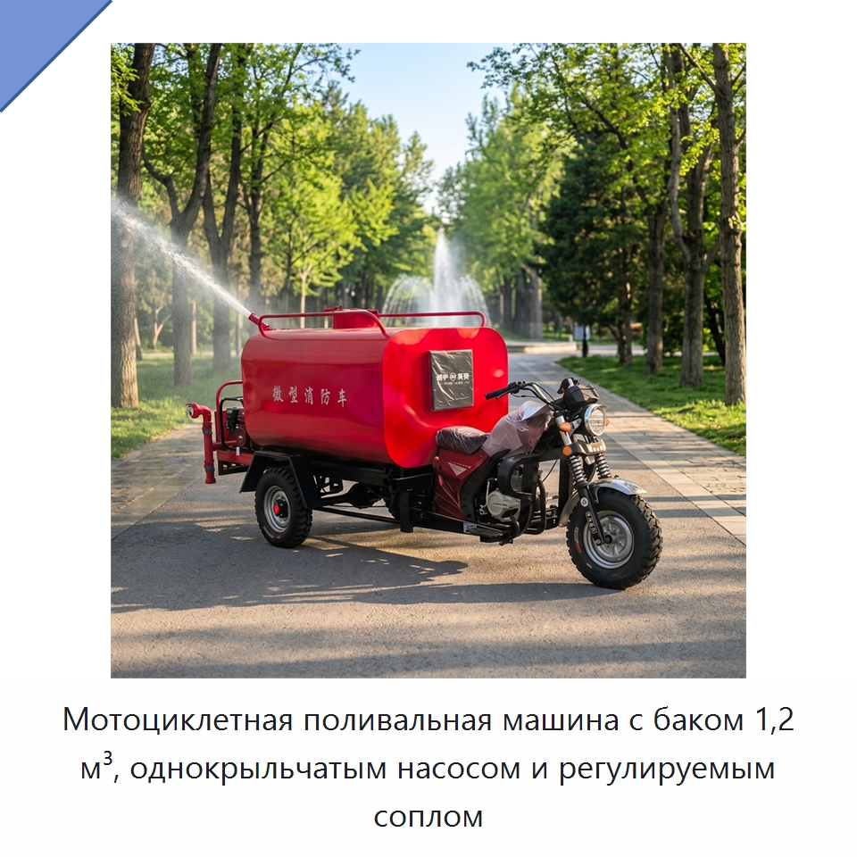 Мотоциклетная поливальная машина с баком 1,2 м³, однокрыльчатым насосом и регулируемым соплом — Коммунальная техника