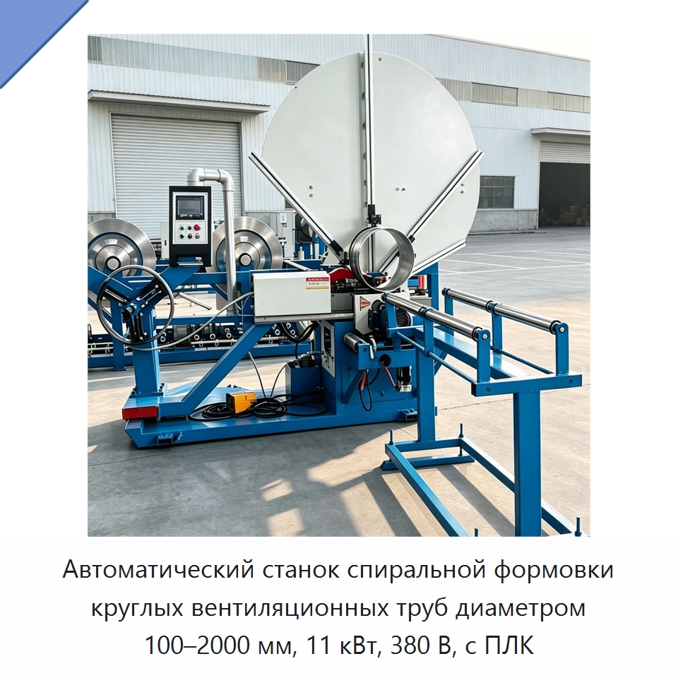 Автоматический станок спиральной формовки круглых вентиляционных труб диаметром 100–2000 мм, 11 кВт, 380 В, с ПЛК — Оборудование для изготовления воздуховодов