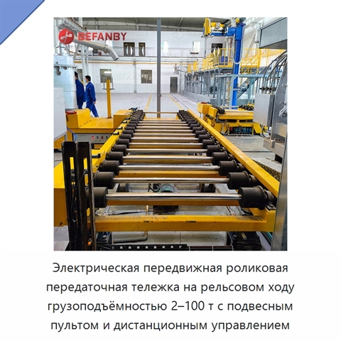 Электрическая передвижная роликовая передаточная тележка на рельсовом ходу грузоподъёмностью 2–100 т с подвесным пультом и дистанционным управлением
