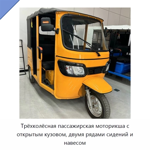 Трёхколёсная пассажирская моторикша с открытым кузовом, двумя рядами сидений и навесом