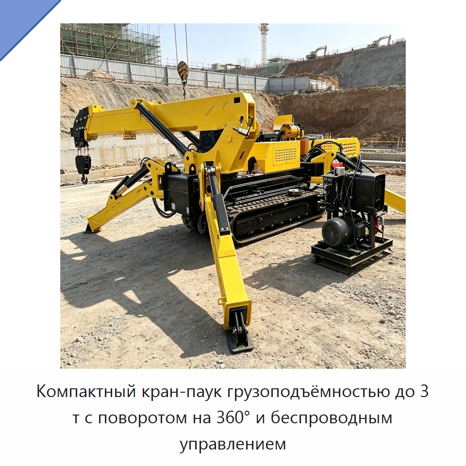 Компактный кран-паук грузоподъёмностью до 3 т с поворотом на 360° и беспроводным управлением — Краны