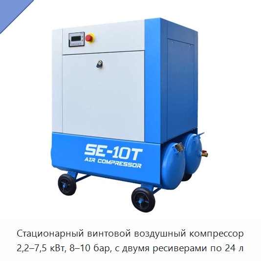Стационарный винтовой воздушный компрессор 2,2–7,5 кВт, 8–10 бар, с двумя ресиверами по 24 л — Промышленные компрессоры