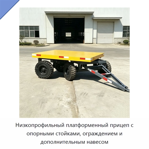 Низкопрофильный платформенный прицеп с опорными стойками, ограждением и дополнительным навесом