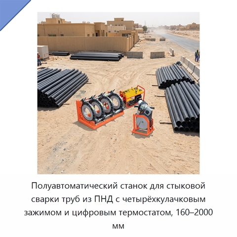 Полуавтоматический станок для стыковой сварки труб из ПНД с четырёхкулачковым зажимом и цифровым термостатом, 160–2000 мм
