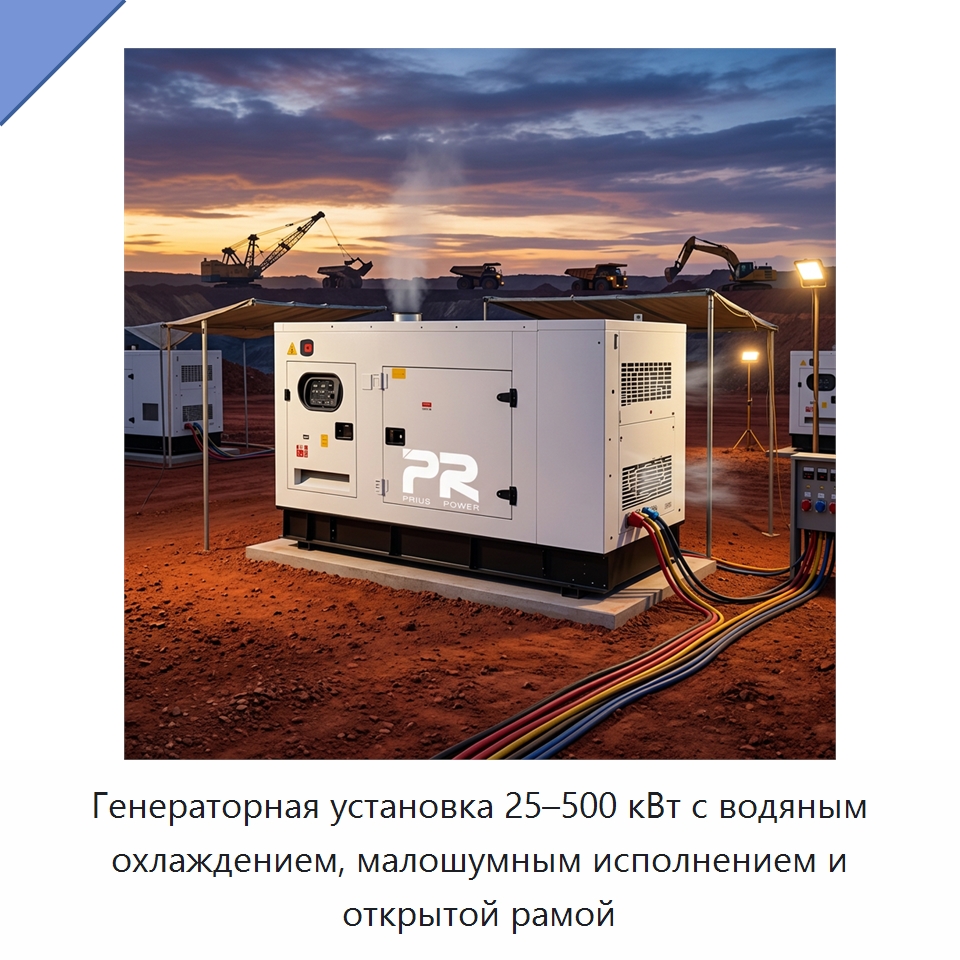 Генераторная установка 25–500 кВт с водяным охлаждением, малошумным исполнением и открытой рамой — Дизельные генераторы