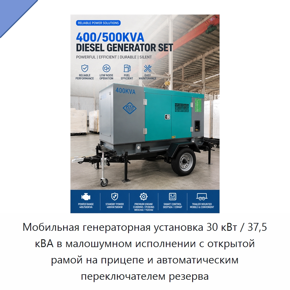 Мобильная генераторная установка 30 кВт / 37,5 кВА в малошумном исполнении с открытой рамой на прицепе и автоматическим переключателем резерва — Дизельные генераторы