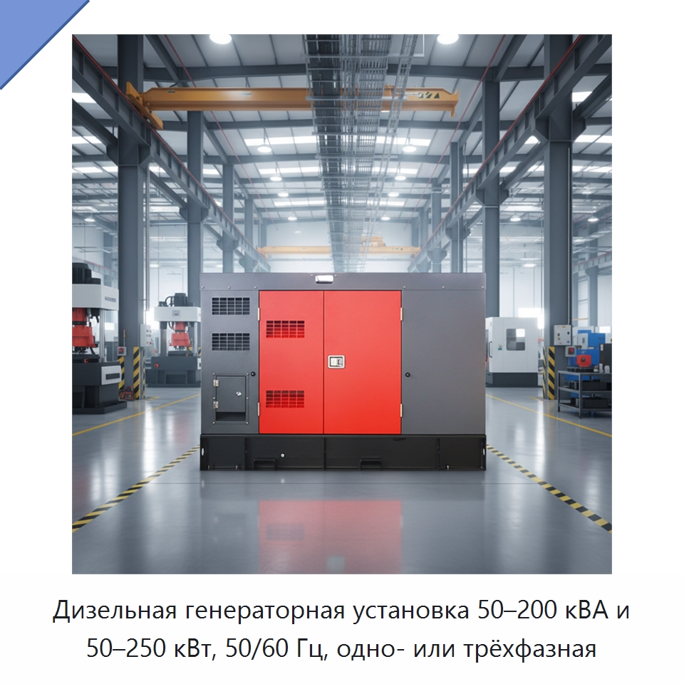 Дизельная генераторная установка 50–200 кВА и 50–250 кВт, 50/60 Гц, одно- или трёхфазная — Дизельные генераторы