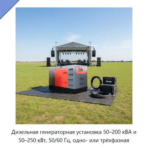 Дизельная генераторная установка 50–200 кВА и 50–250 кВт, 50/60 Гц, одно- или трёхфазная