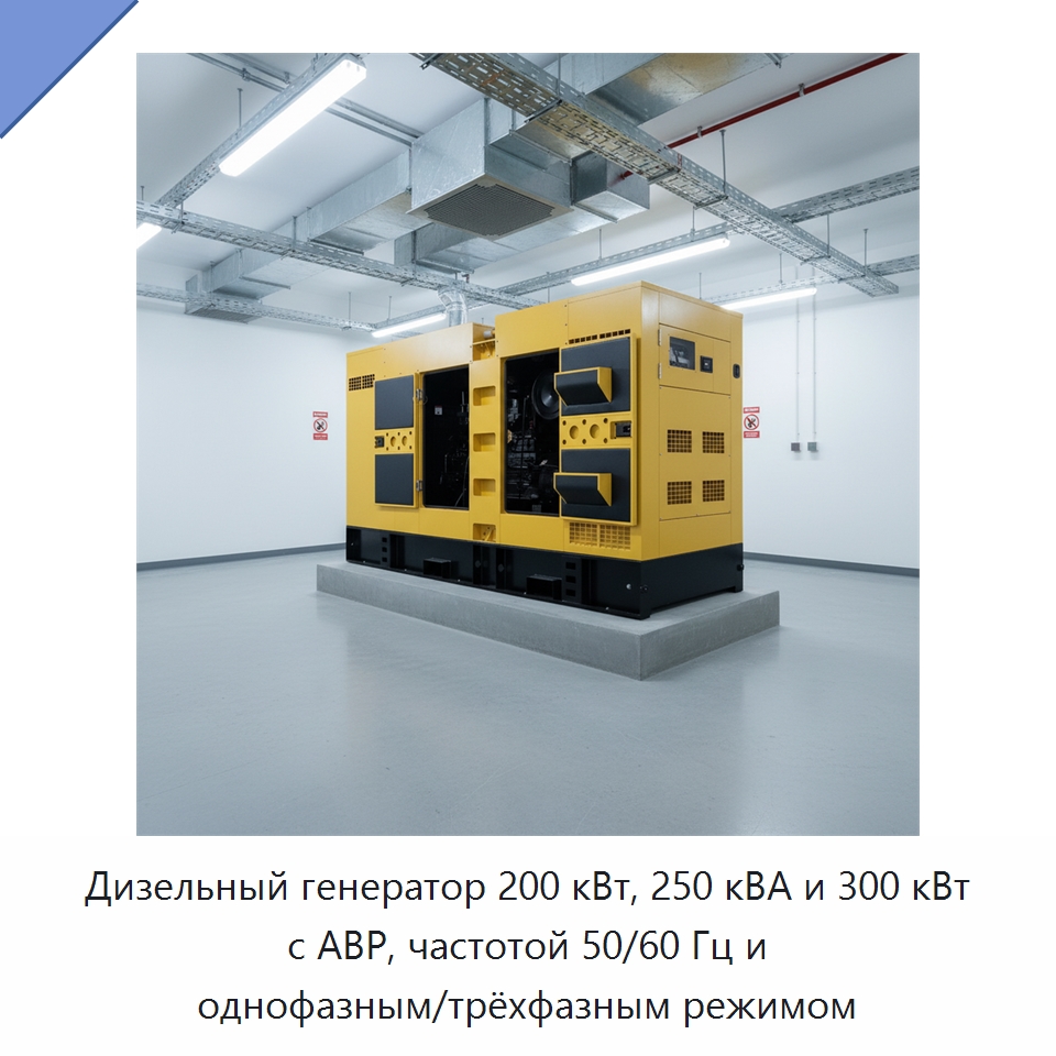 Дизельный генератор 200 кВт, 250 кВА и 300 кВт с АВР, частотой 50/60 Гц и однофазным/трёхфазным режимом — Дизельные генераторы
