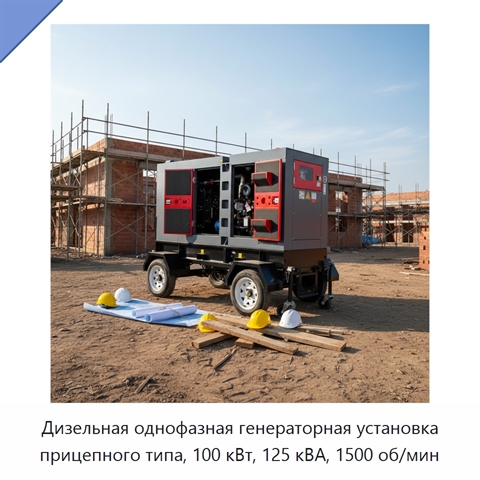 Дизельная однофазная генераторная установка прицепного типа, 100 кВт, 125 кВА, 1500 об/мин