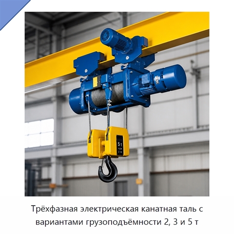 Трёхфазная электрическая канатная таль с вариантами грузоподъёмности 2, 3 и 5 т