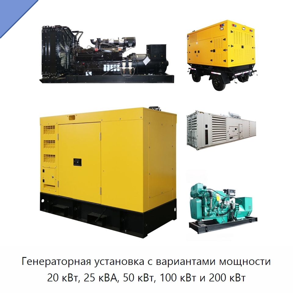 Генераторная установка с вариантами мощности 20 кВт, 25 кВА, 50 кВт, 100 кВт и 200 кВт — Дизельные генераторы
