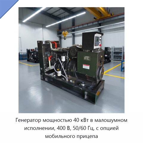 Генератор мощностью 40 кВт в малошумном исполнении, 400 В, 50/60 Гц, с опцией мобильного прицепа