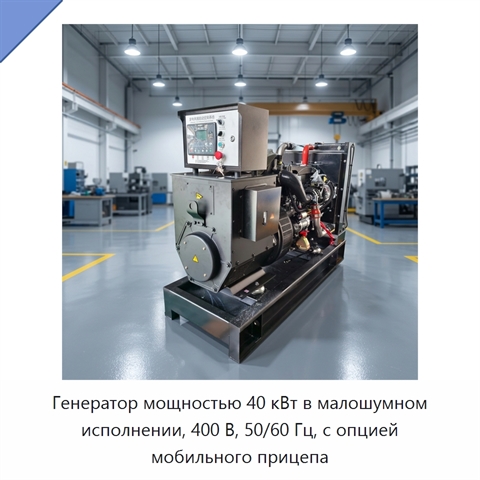 Генератор мощностью 40 кВт в малошумном исполнении, 400 В, 50/60 Гц, с опцией мобильного прицепа
