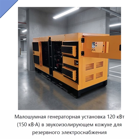 Малошумная генераторная установка 120 кВт (150 кВ·А) в звукоизолирующем кожухе для резервного электроснабжения