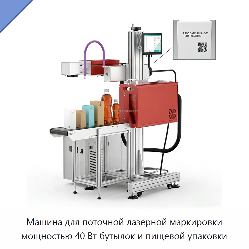 Машина для поточной лазерной маркировки мощностью 40 Вт бутылок и пищевой упаковки — Лазерные маркировочные станки