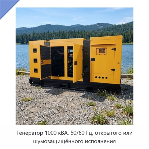 Генератор 1000 кВА, 50/60 Гц, открытого или шумозащищённого исполнения