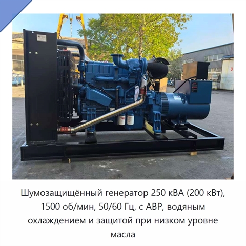 Шумозащищённый генератор 250 кВА (200 кВт), 1500 об/мин, 50/60 Гц, с АВР, водяным охлаждением и защитой при низком уровне масла