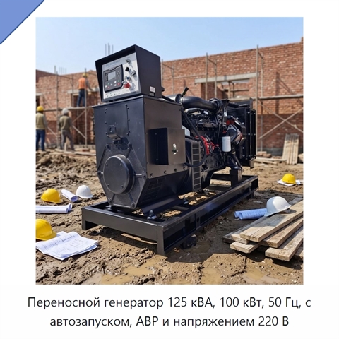 Переносной генератор 125 кВА, 100 кВт, 50 Гц, с автозапуском, АВР и напряжением 220 В