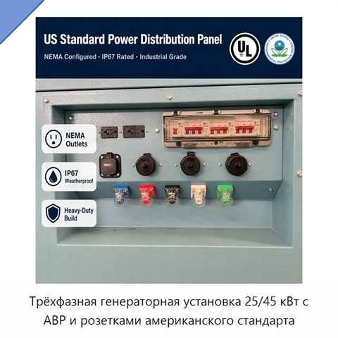 Трёхфазная генераторная установка 25/45 кВт с АВР и розетками американского стандарта
