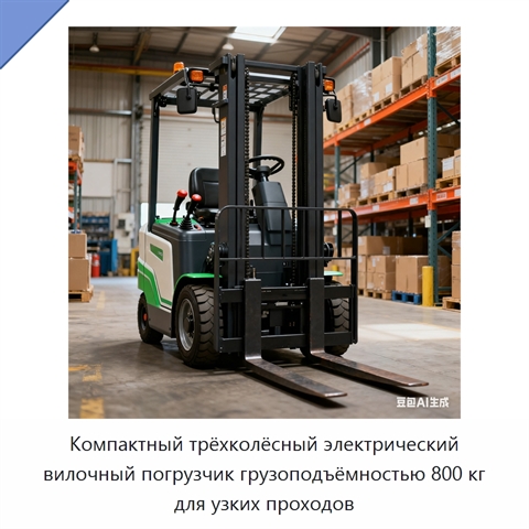 Компактный трёхколёсный электрический вилочный погрузчик грузоподъёмностью 800 кг для узких проходов