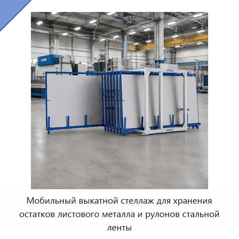 Мобильный выкатной стеллаж для хранения остатков листового металла и рулонов стальной ленты