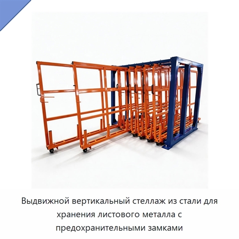 Выдвижной вертикальный стеллаж из стали для хранения листового металла с предохранительными замками