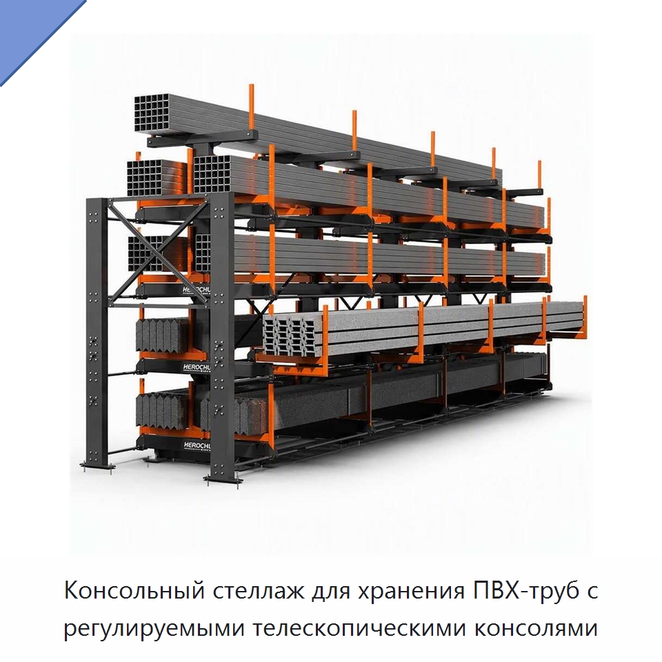 Консольный стеллаж для хранения ПВХ-труб с регулируемыми телескопическими консолями — Консольные стеллажи
