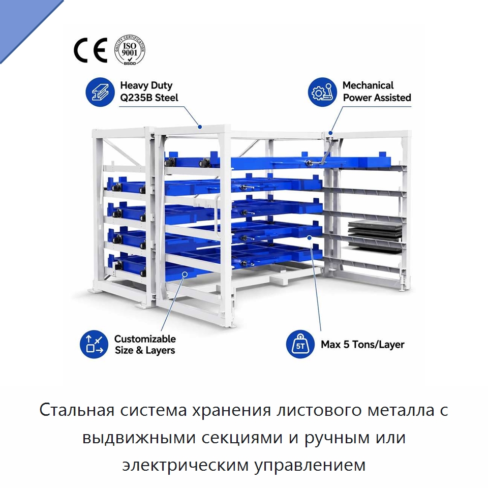 Стальная система хранения листового металла с выдвижными секциями и ручным или электрическим управлением — Штабелируемые стеллажи и полки