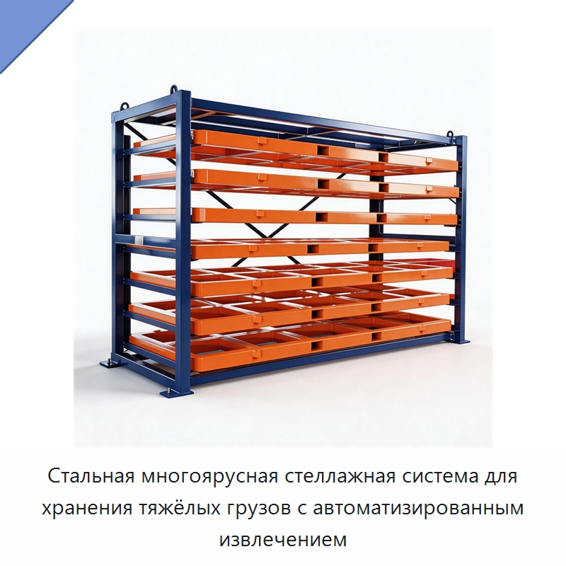 Стальная многоярусная стеллажная система для хранения тяжёлых грузов с автоматизированным извлечением — Штабелируемые стеллажи и полки