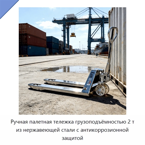 Ручная палетная тележка грузоподъёмностью 2 т из нержавеющей стали с антикоррозионной защитой