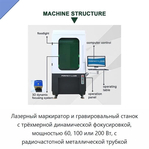 Лазерный маркиратор и гравировальный станок с трёхмерной динамической фокусировкой, мощностью 60, 100 или 200 Вт, с радиочастотной металлической трубкой