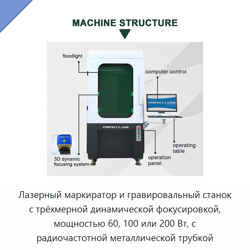 Лазерный маркиратор и гравировальный станок с трёхмерной динамической фокусировкой, мощностью 60, 100 или 200 Вт, с радиочастотной металлической трубкой — Лазерные маркировочные станки