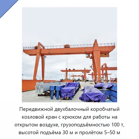 Передвижной двухбалочный коробчатый козловой кран с крюком для работы на открытом воздухе, грузоподъёмностью 100 т, высотой подъёма 30 м и пролётом 5–50 м