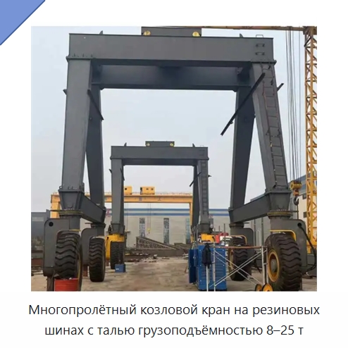 Многопролётный козловой кран на резиновых шинах с талью грузоподъёмностью 8–25 т — Краны