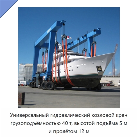 Универсальный гидравлический козловой кран грузоподъёмностью 40 т, высотой подъёма 5 м и пролётом 12 м