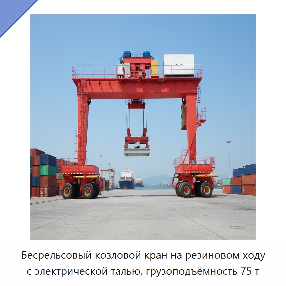 Бесрельсовый козловой кран на резиновом ходу с электрической талью, грузоподъёмность 75 т — Краны