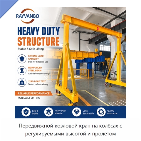 Передвижной козловой кран на колёсах с регулируемыми высотой и пролётом