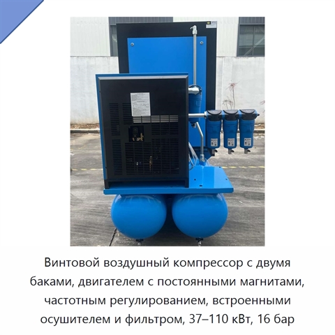 Винтовой воздушный компрессор с двумя баками, двигателем с постоянными магнитами, частотным регулированием, встроенными осушителем и фильтром, 37–110 кВт, 16 бар
