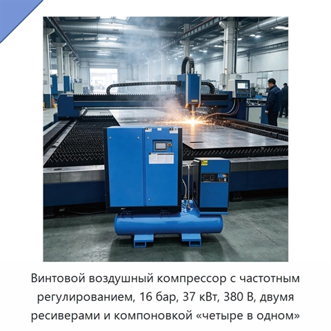 Винтовой воздушный компрессор с частотным регулированием, 16 бар, 37 кВт, 380 В, двумя ресиверами и компоновкой «четыре в одном»