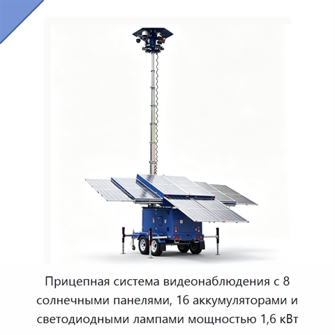 Прицепная система видеонаблюдения с 8 солнечными панелями, 16 аккумуляторами и светодиодными лампами мощностью 1,6 кВт