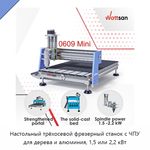Настольный трёхосевой фрезерный станок с ЧПУ для дерева и алюминия, 1,5 или 2,2 кВт